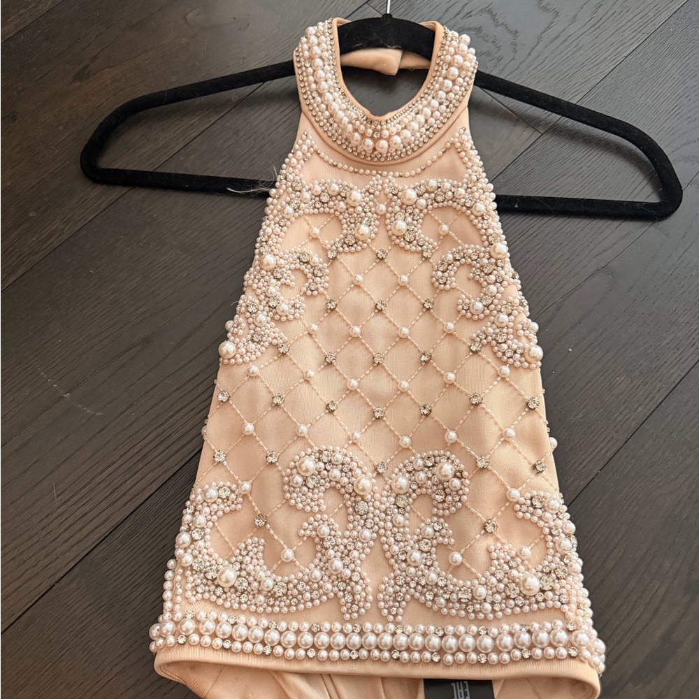 Balmain Pearl Crystal Embellished Halter Top Ivory Runway Size 34